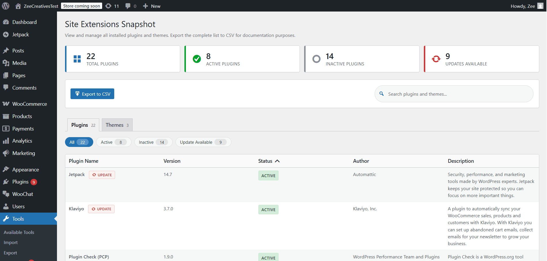 Site Extensions Snapshot — Plugins tab