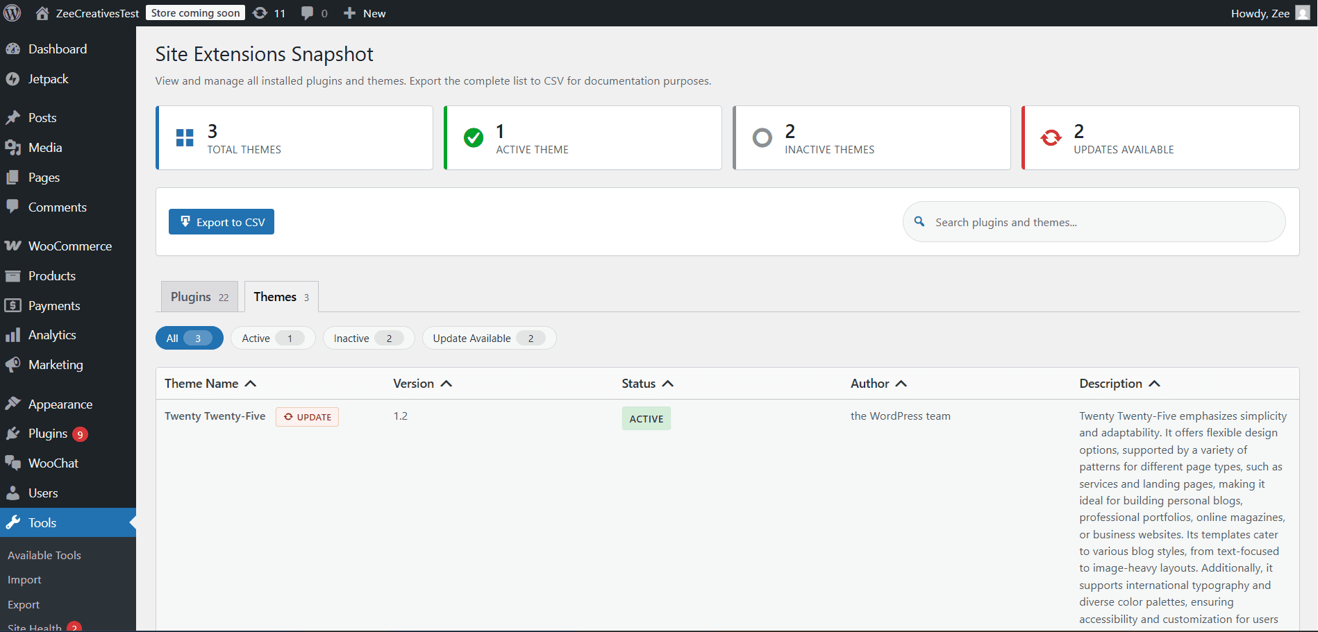 Site Extensions Snapshot — Themes tab