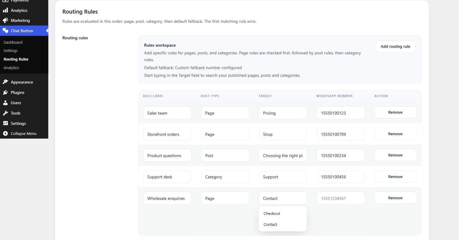 Zignites Chat Button Analytics — Routing rules