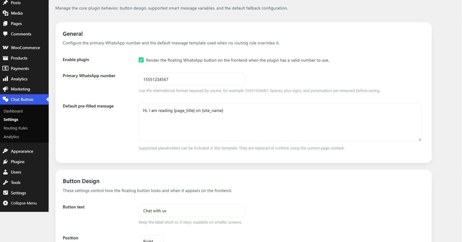 Zignites Chat Button Analytics — Settings